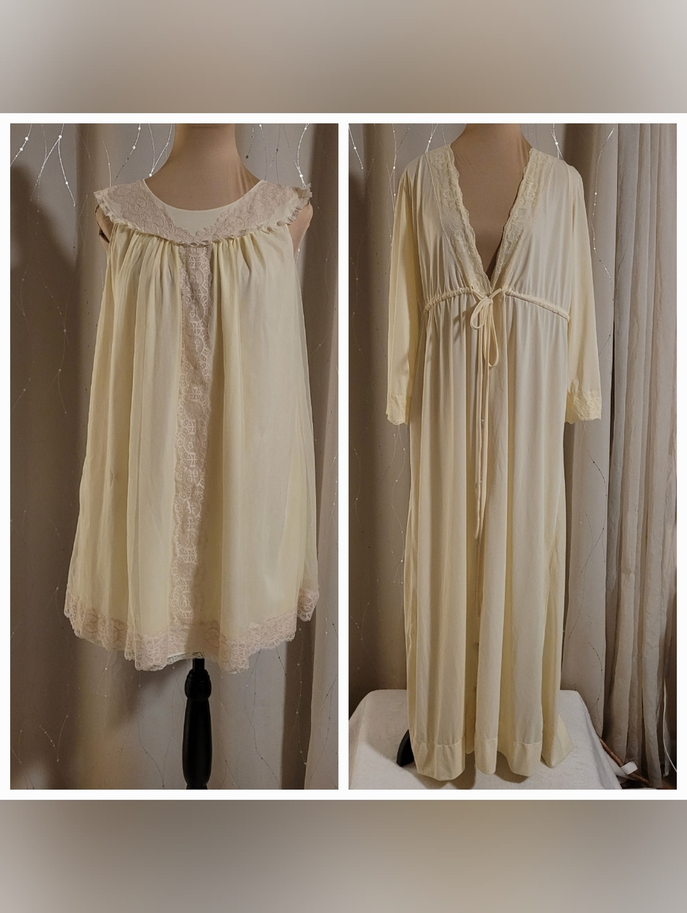 ​Vintage 70s Pastel Yellow Lace Peignoir Set Babydoll Gown & Robe Large